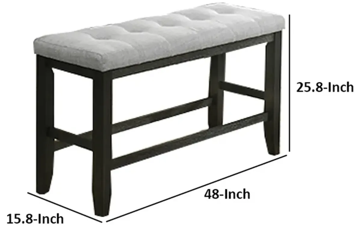 Woodlands 48 Inch Counter Height Bench, Wood, Tufted Seat, Black, White - Benzara