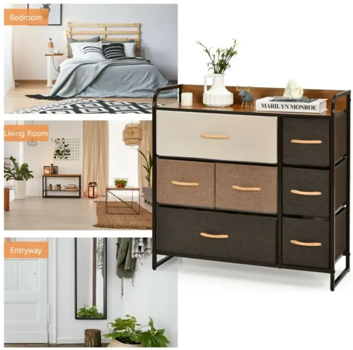 7 Drawer Tower Steel Frame and Wooden Top Dresser Storage Chest for Bedroom