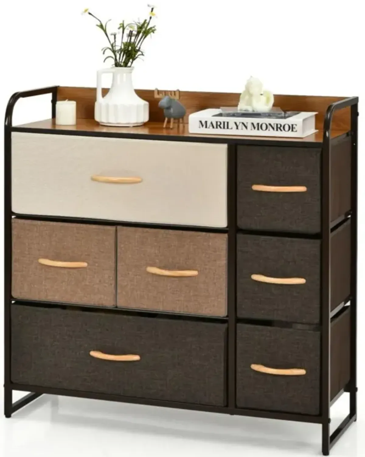 7 Drawer Tower Steel Frame and Wooden Top Dresser Storage Chest for Bedroom