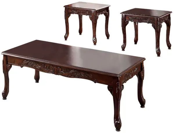 3 Piece Occasional Wooden Table Set with Engraved Details, Cherry Brown-Benzara