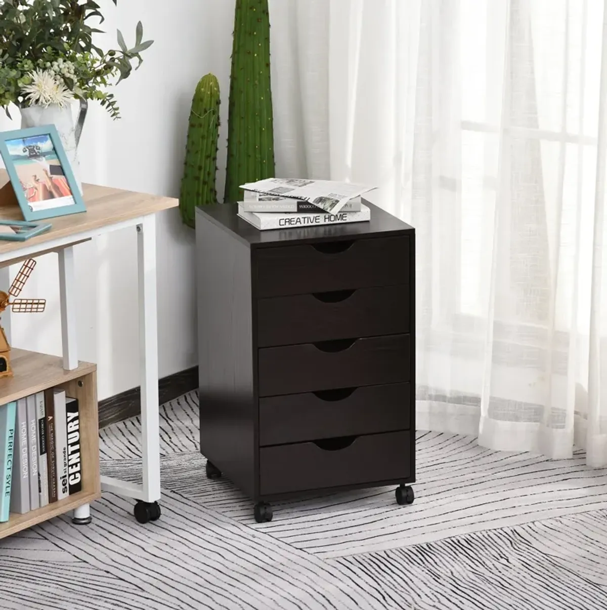 Brown Minimalist Organizer: 5-Drawer File Cabinet with Wheels