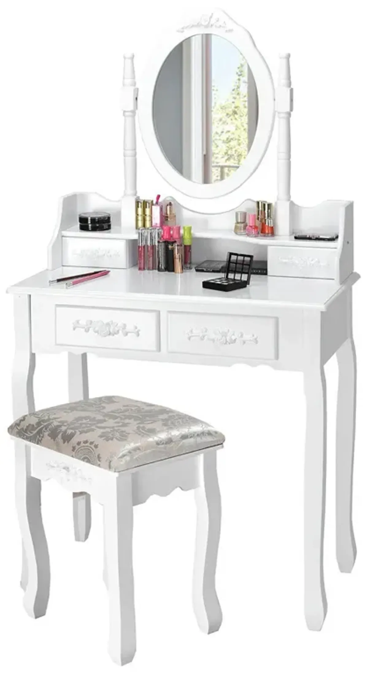 Vanity Table Set with Oval Mirror and 4 Drawers