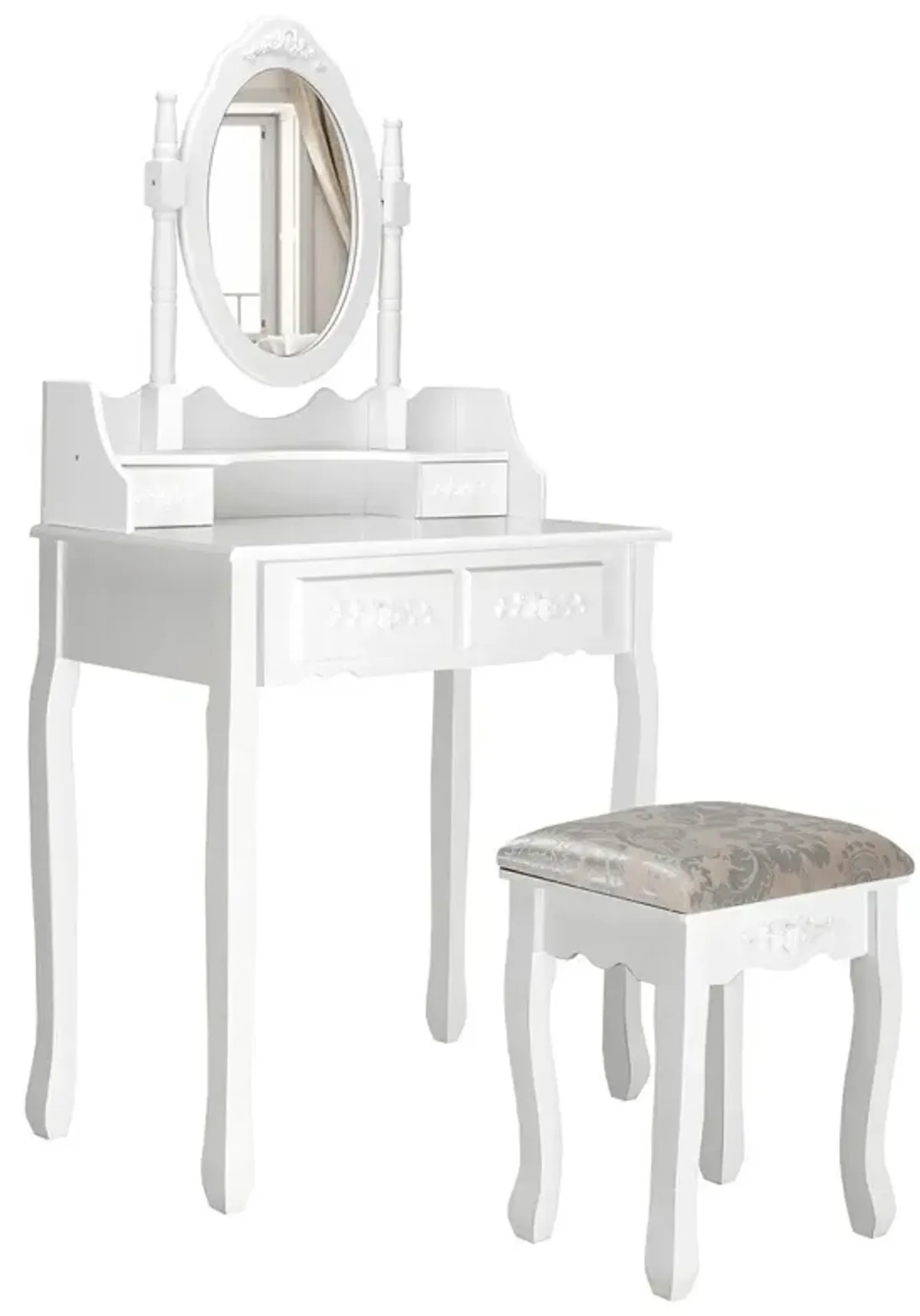 Vanity Table Set with Oval Mirror and 4 Drawers