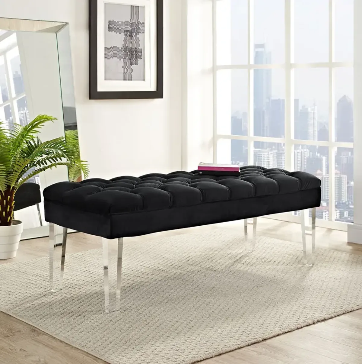 Valet Velvet Bench, Black-Benzara