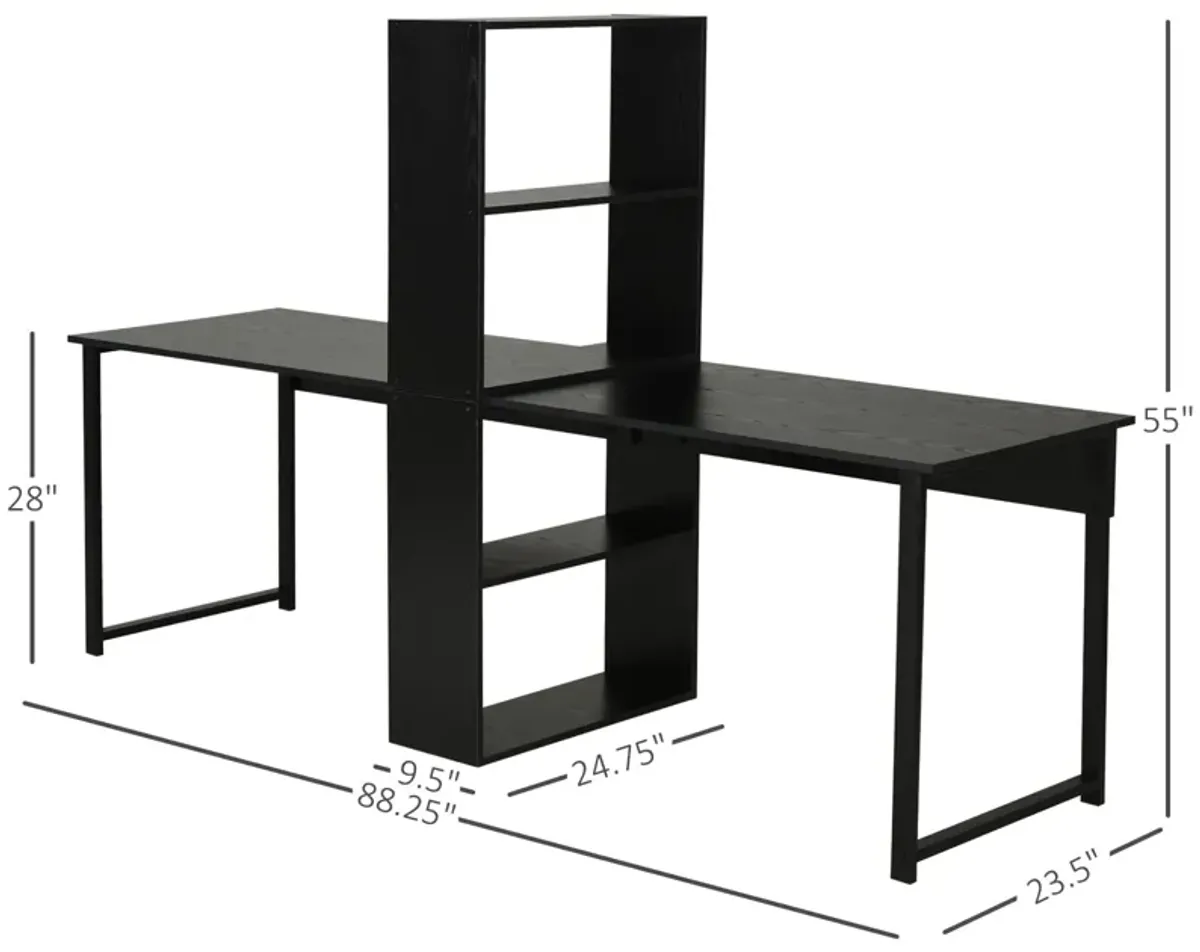 Black Shared Workspace: Extra Long 2-Person Desk with Bookshelf