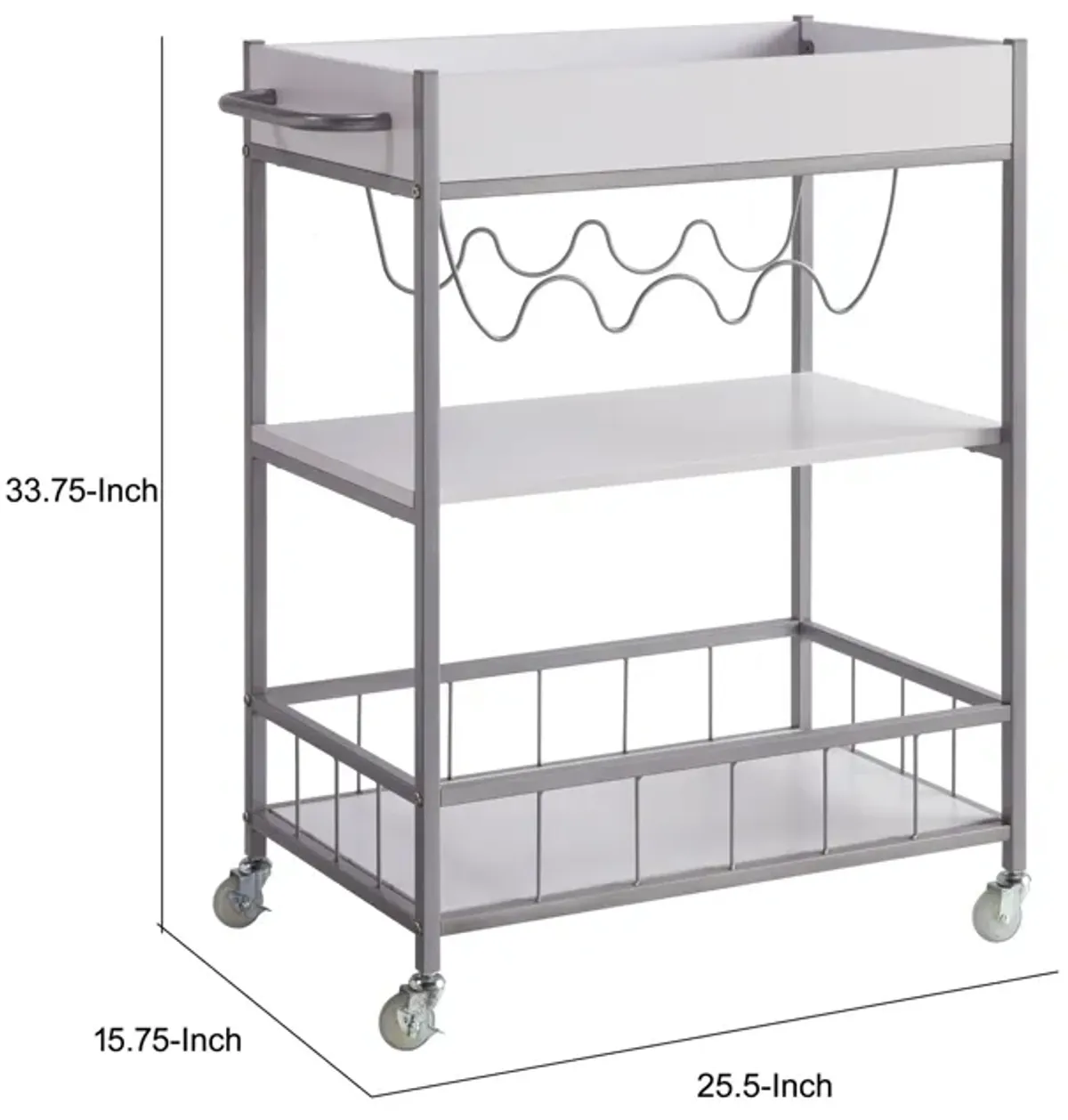 Kelcy 34 Inch Modern Kitchen Bar Cart, 3 Shelves, Wine Rack, Wheels, White - Benzara