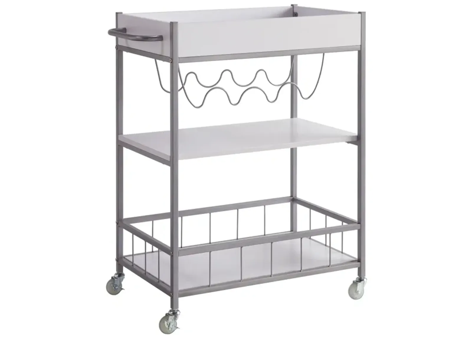 Kelcy 34 Inch Modern Kitchen Bar Cart, 3 Shelves, Wine Rack, Wheels, White - Benzara