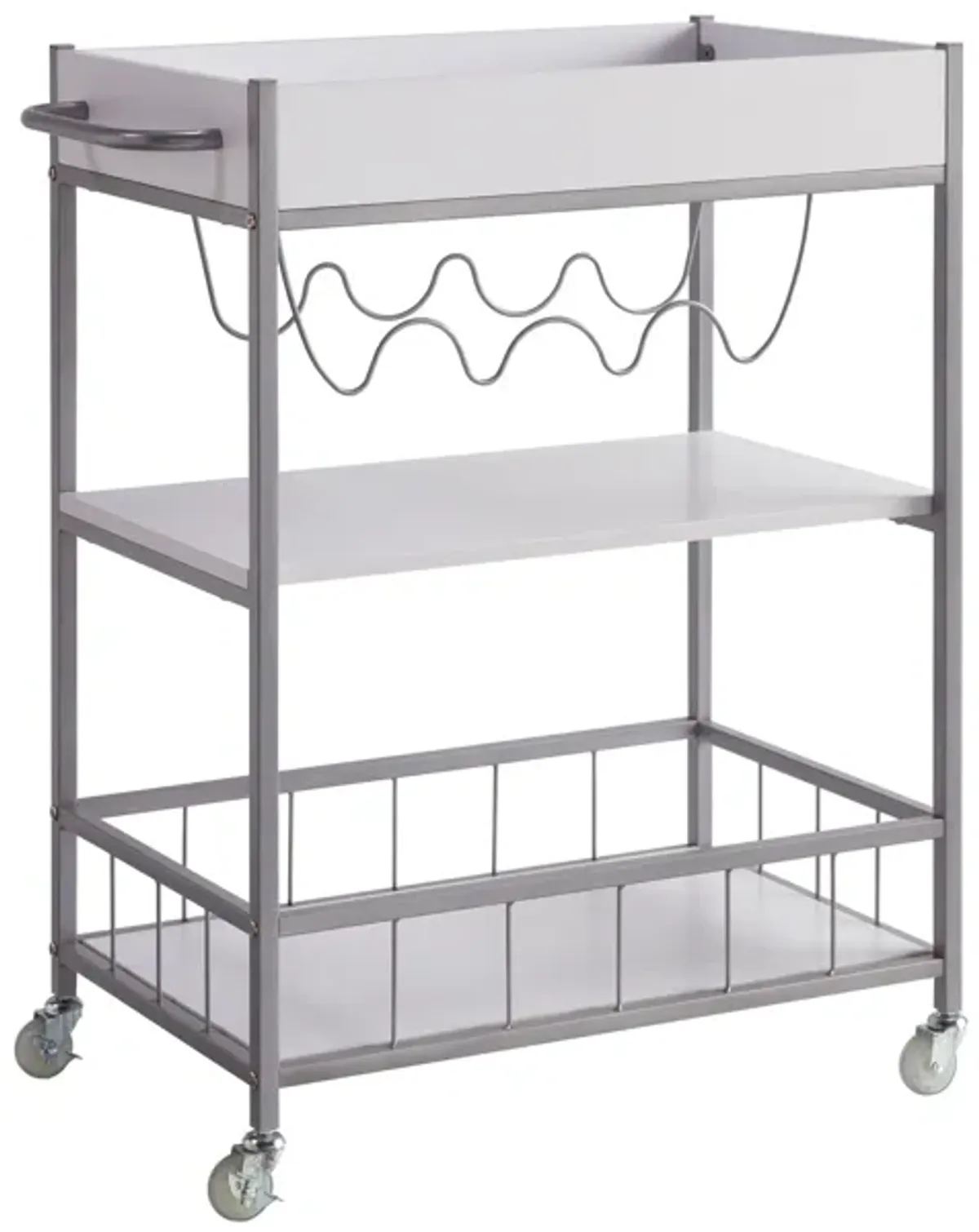 Kelcy 34 Inch Modern Kitchen Bar Cart, 3 Shelves, Wine Rack, Wheels, White - Benzara