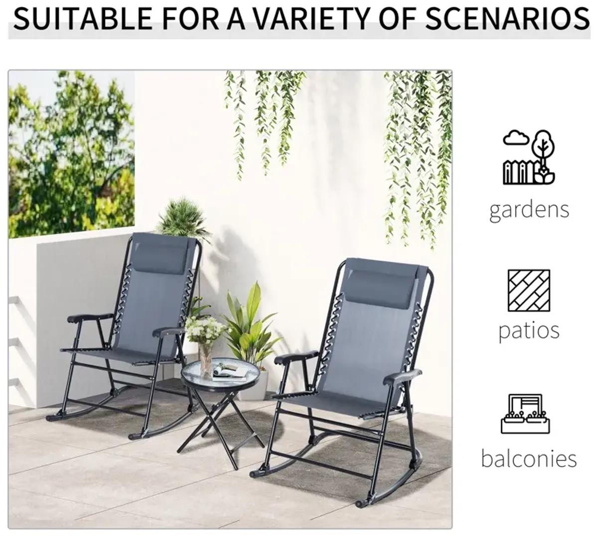 Grey Patio Chat Set: 3-Piece Folding Rocking Chairs with Glass Table