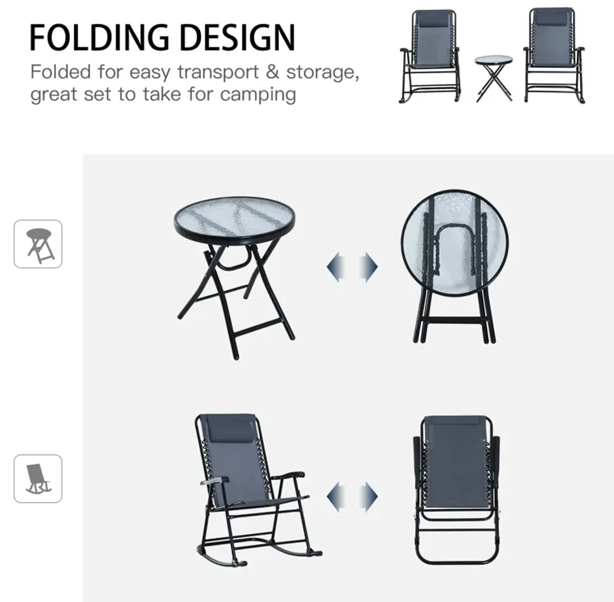 Grey Patio Chat Set: 3-Piece Folding Rocking Chairs with Glass Table