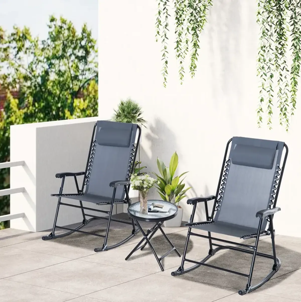 Grey Patio Chat Set: 3-Piece Folding Rocking Chairs with Glass Table