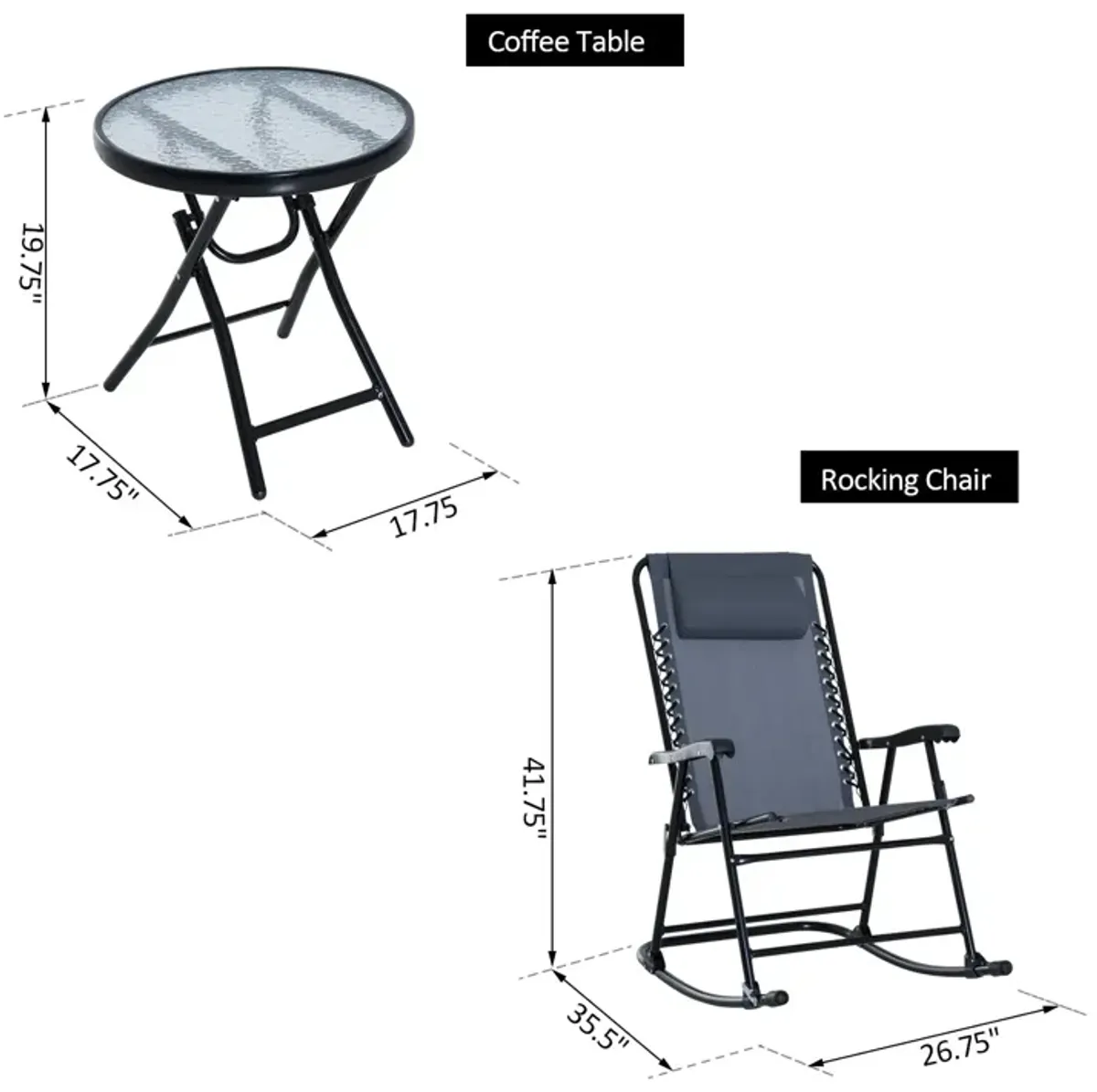 Grey Patio Chat Set: 3-Piece Folding Rocking Chairs with Glass Table