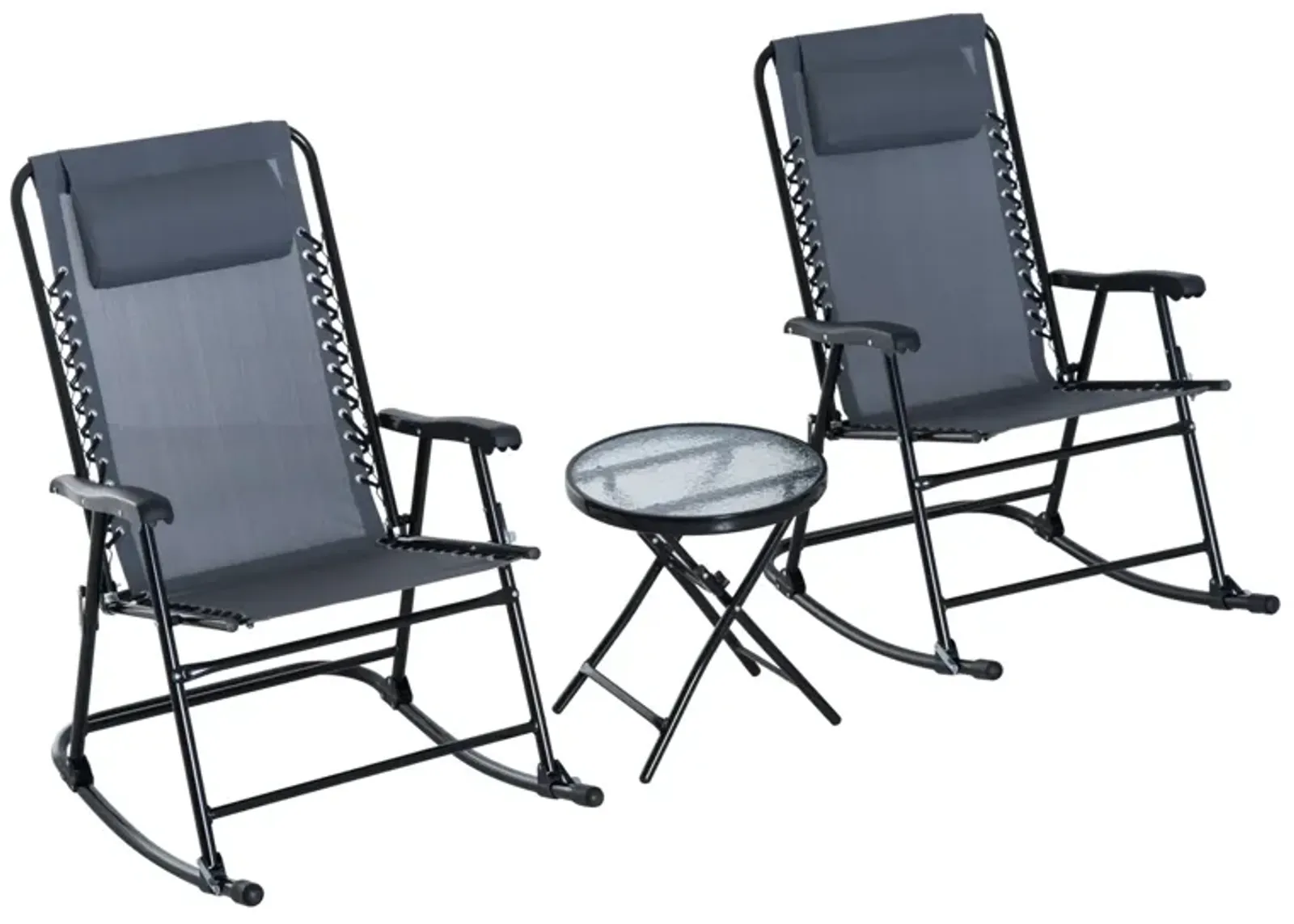 Grey Patio Chat Set: 3-Piece Folding Rocking Chairs with Glass Table