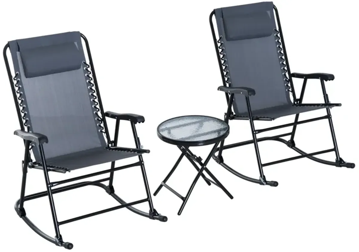 Grey Patio Chat Set: 3-Piece Folding Rocking Chairs with Glass Table