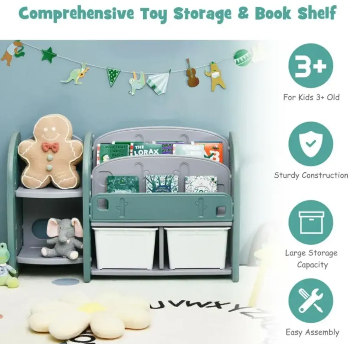 Hivvago Kids Toy Storage Organizer with 2-Tier Bookshelf and Plastic Bins