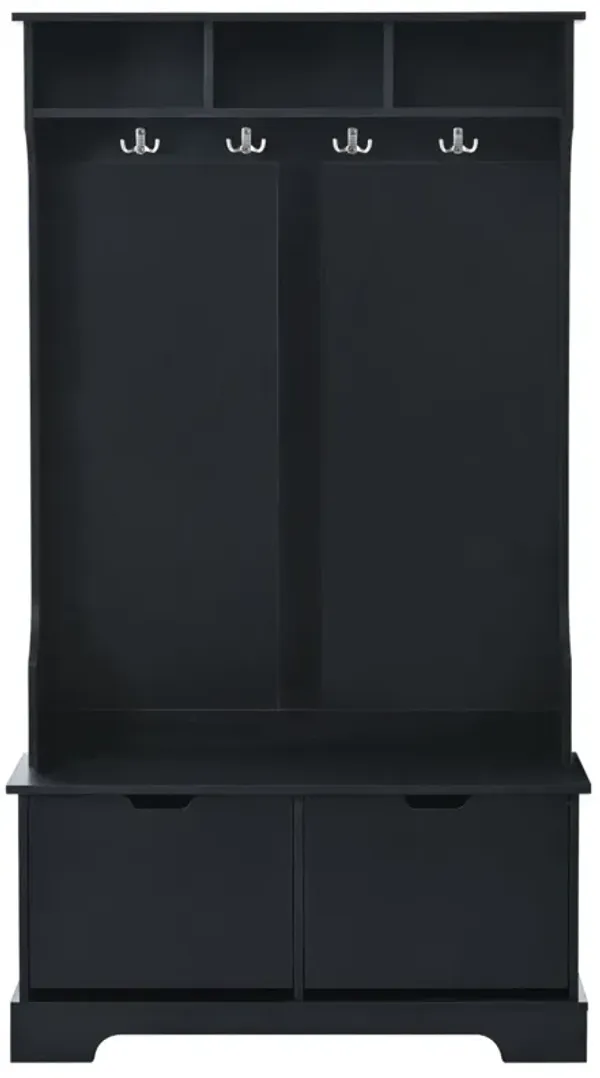 Wood hall tree with bench, shelves, and shoe storage