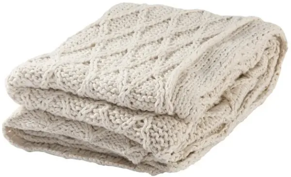 Lyla 50 Inch Cotton Throw Blanket, Hand Knitted Diamond Pattern, White-Benzara