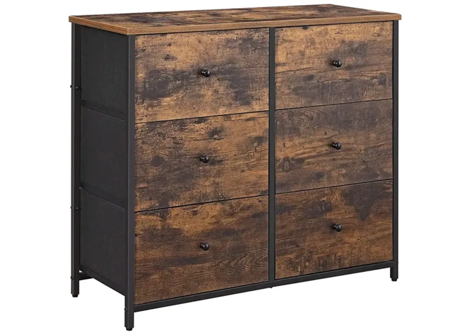 Wide Rustic Dresser with 6 Fabric Drawers - Industrial Metal Frame, Wooden Top & Front