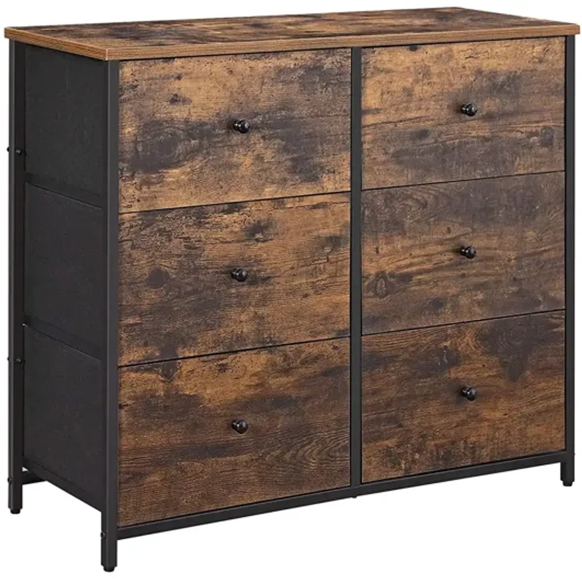 Wide Rustic Dresser with 6 Fabric Drawers - Industrial Metal Frame, Wooden Top & Front