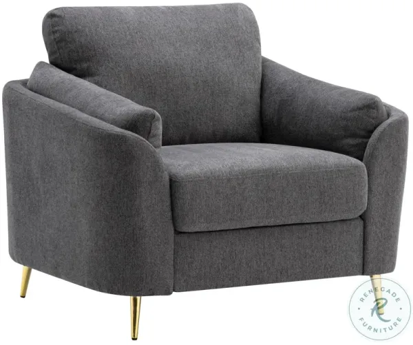 Jace 35 Inch Accent Chair, Dark Gray Polyester, Gold Metal Legs, Pillow Back-Benzara