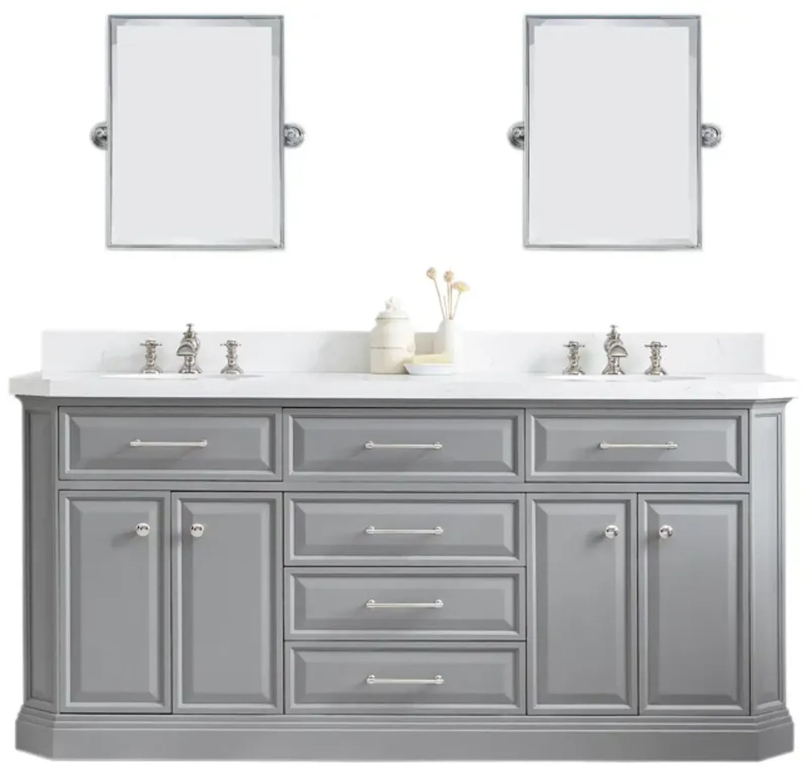 Palace 72 In. Double Sink Carrara Quartz Countertop Bath Vanity in Cashmere Grey with Polished Nickel (PVD) Hardware and Rectangular Pivot Mirrors