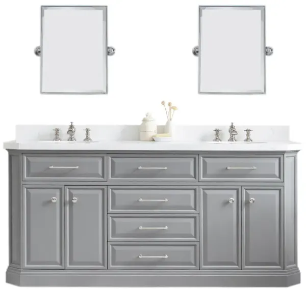 Palace 72 In. Double Sink Carrara Quartz Countertop Bath Vanity in Cashmere Grey with Polished Nickel (PVD) Hardware and Rectangular Pivot Mirrors