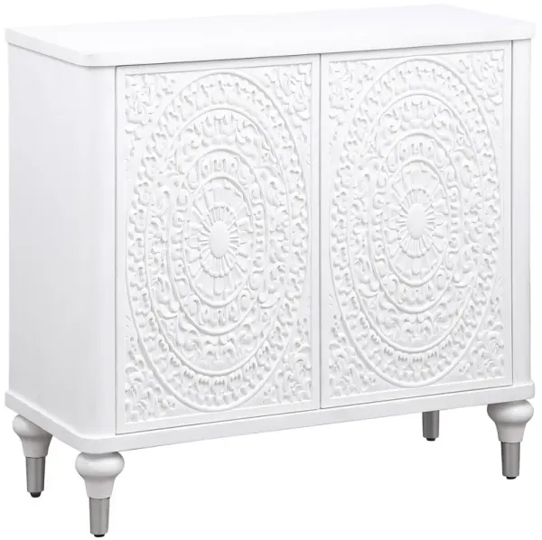 Cardi Accent Cabinet, 2 Medallion Carved Doors, 36 Inch Classic White - Benzara