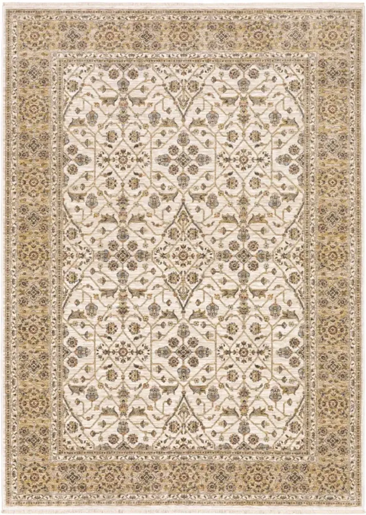 3 X 5 Ivory And gold Oriental Power Loom Stain Resistant Area Rug With Fringe