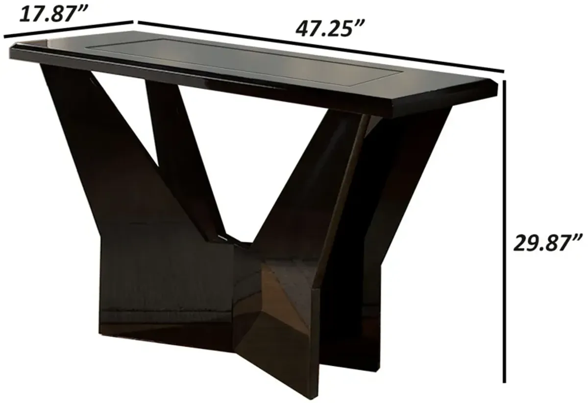 Pera 47 Inch Sofa Console Table, Glass Insert Surface, Geometric, Black-Benzara