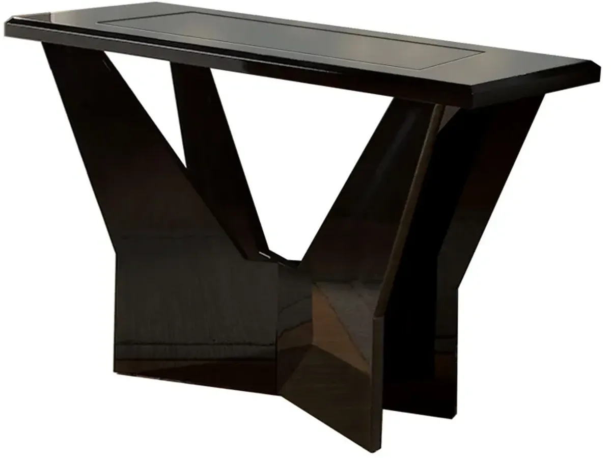 Pera 47 Inch Sofa Console Table, Glass Insert Surface, Geometric, Black-Benzara