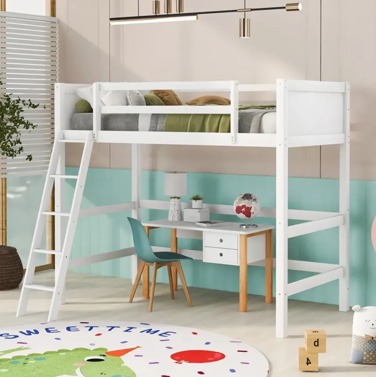 Solid Wood Twin Size Loft Bed with Ladder