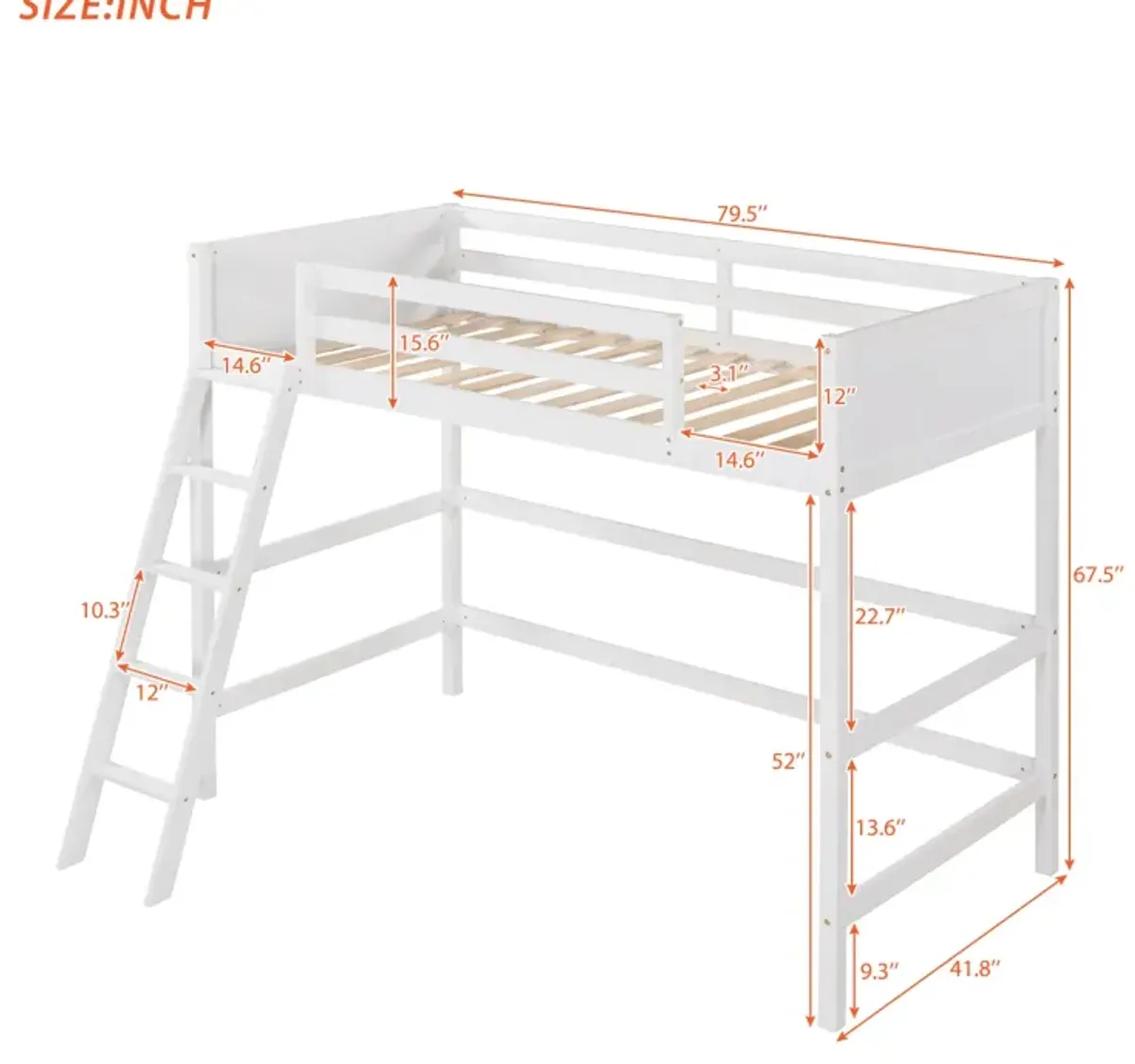 Solid Wood Twin Size Loft Bed with Ladder