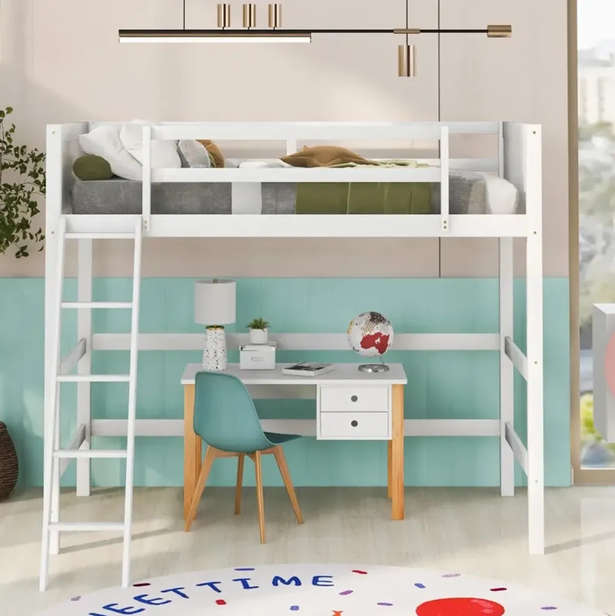 Solid Wood Twin Size Loft Bed with Ladder