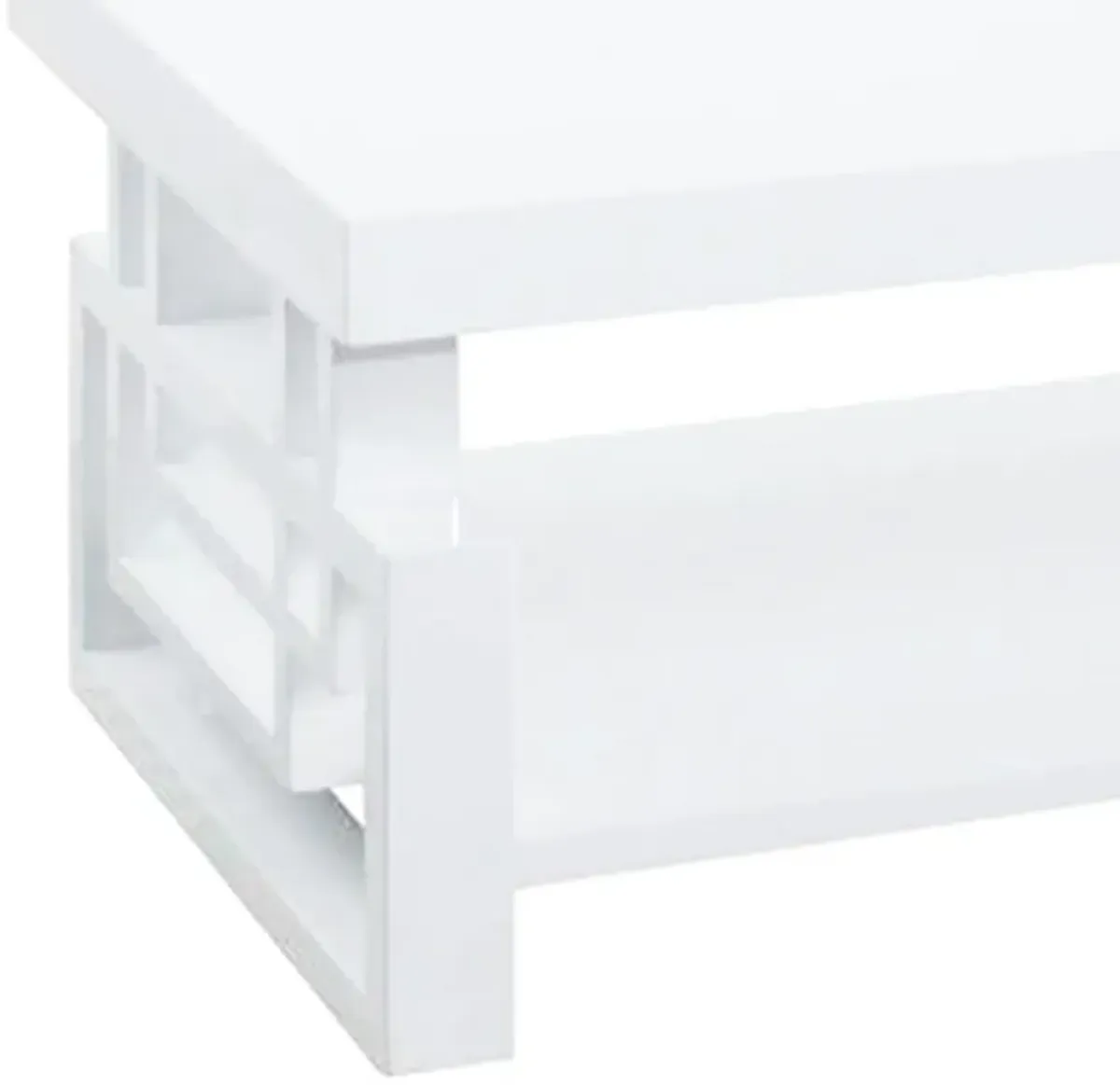 Contemporary Wooden Coffee End Table With Designer Sides & Shelf, Glossy White-Benzara