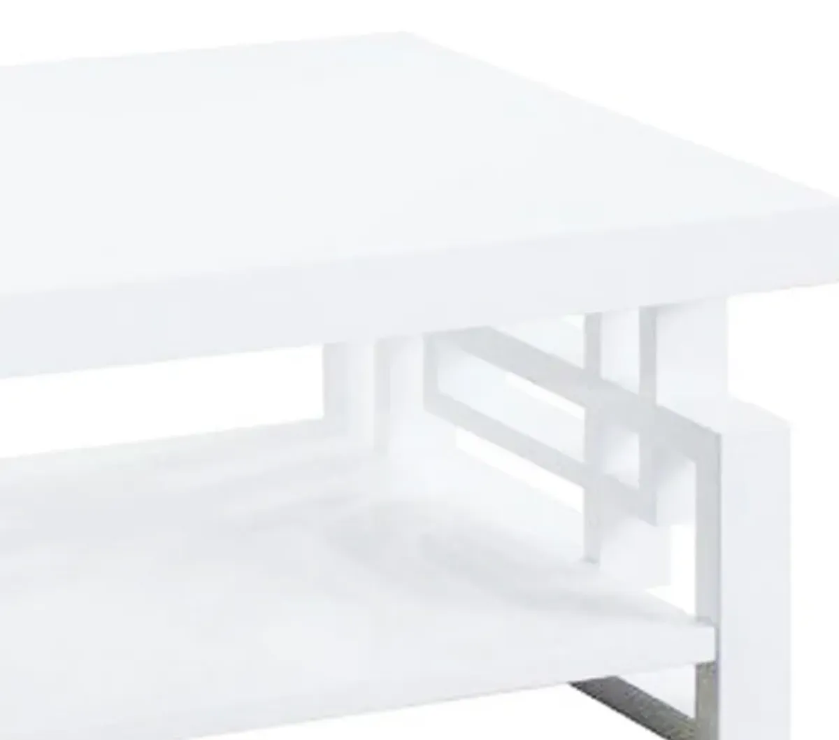 Contemporary Wooden Coffee End Table With Designer Sides & Shelf, Glossy White-Benzara