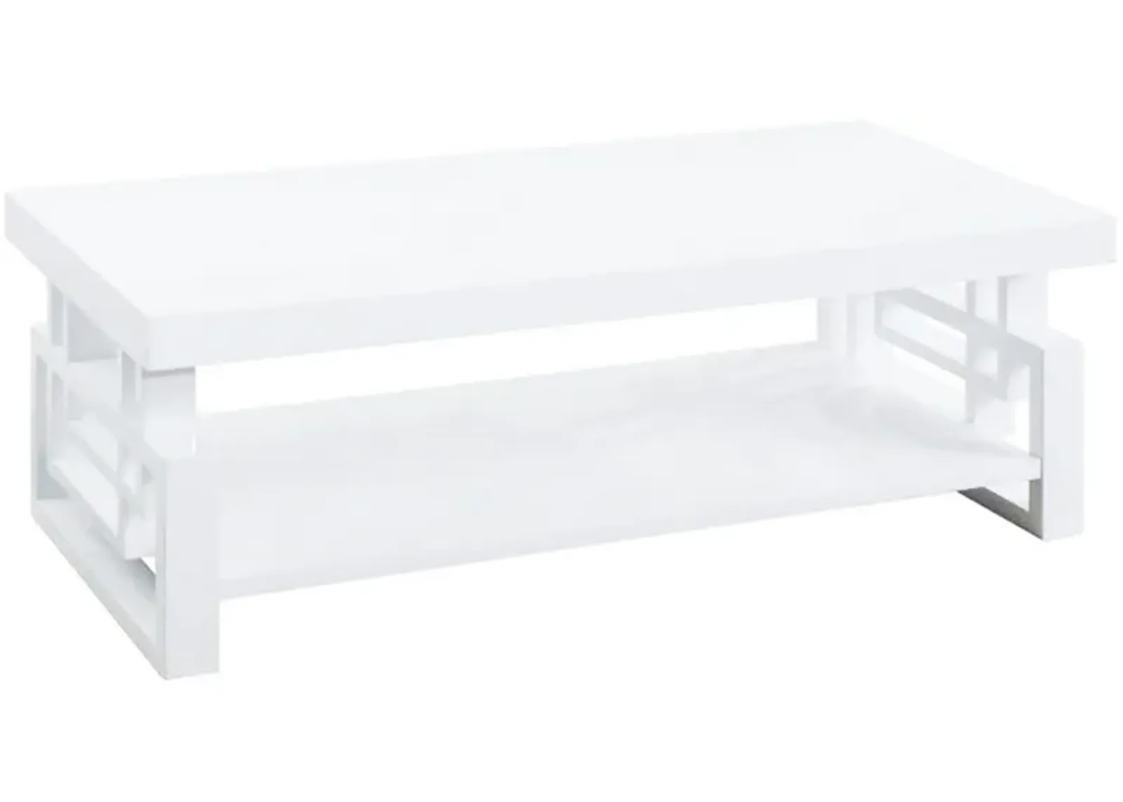 Contemporary Wooden Coffee End Table With Designer Sides & Shelf, Glossy White-Benzara