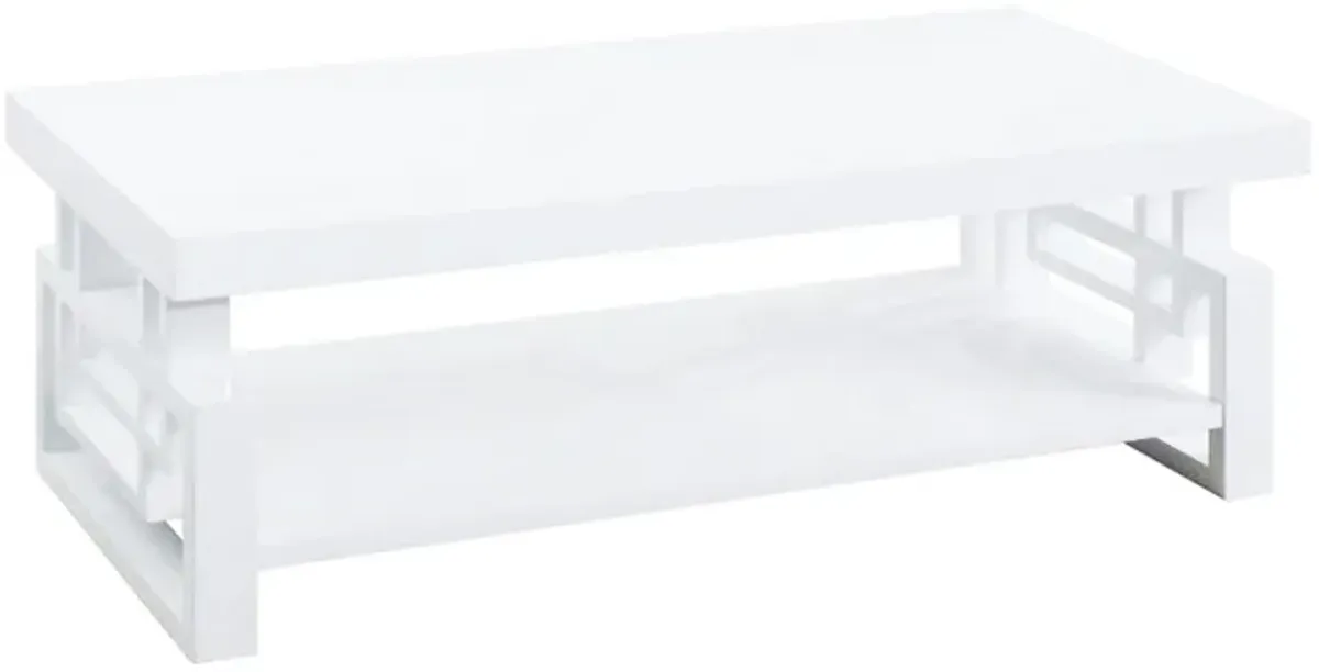 Contemporary Wooden Coffee End Table With Designer Sides & Shelf, Glossy White-Benzara