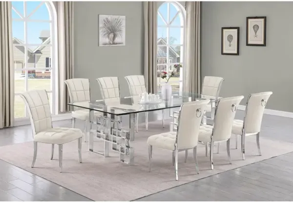 9-piece glam dining set with 8 cream chairs and r 95" long glass  table
