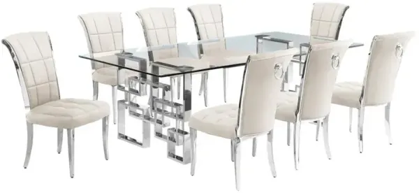9-piece glam dining set with 8 cream chairs and r 95" long glass  table