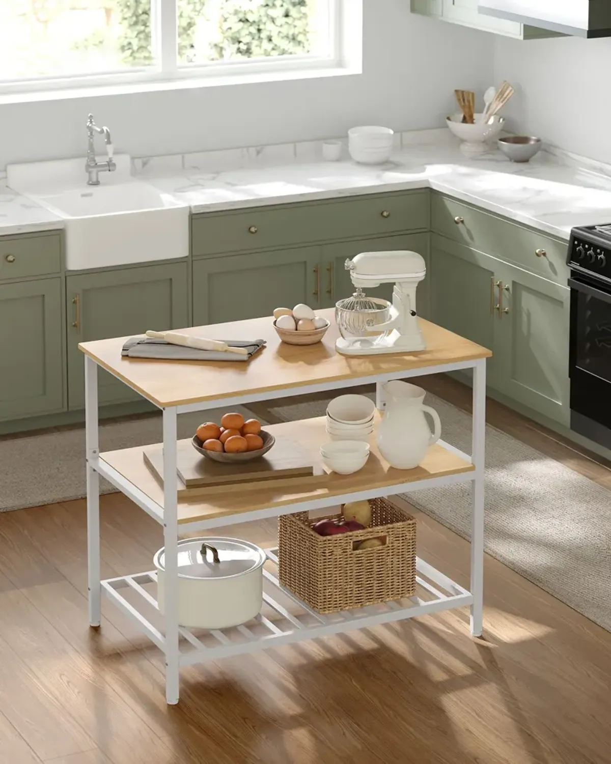 Kitchen Island with 3 Shelves & Large Worktop