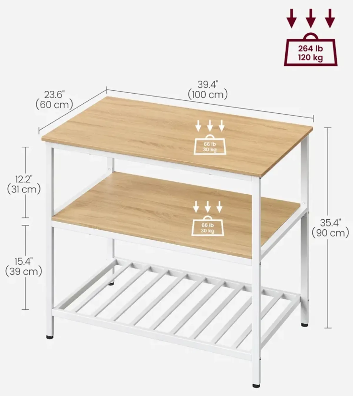 Kitchen Island with 3 Shelves & Large Worktop