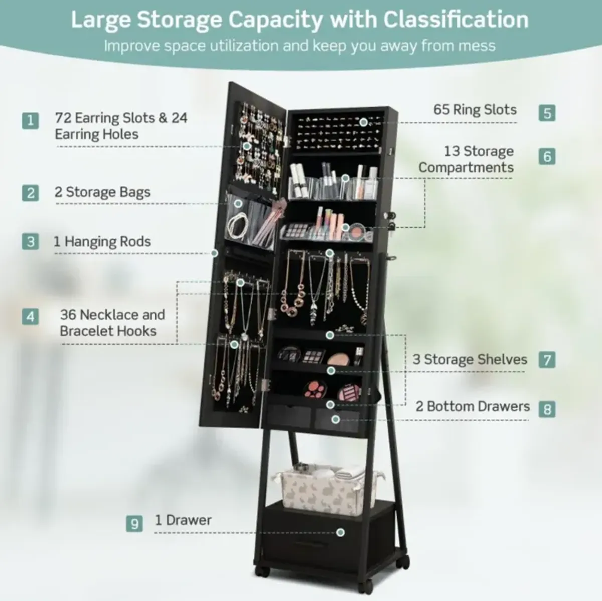 Hivvago Jewelry Cabinet with Full-Length Mirror-Black