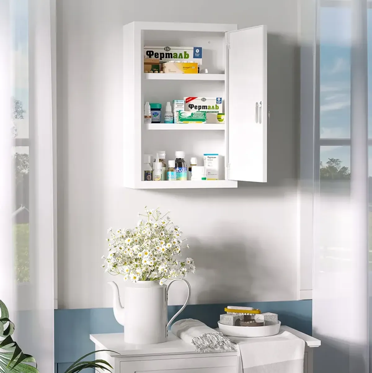 White Medicine Cabinet: 12"x18" Lockable, 3-Tier Steel with Keys