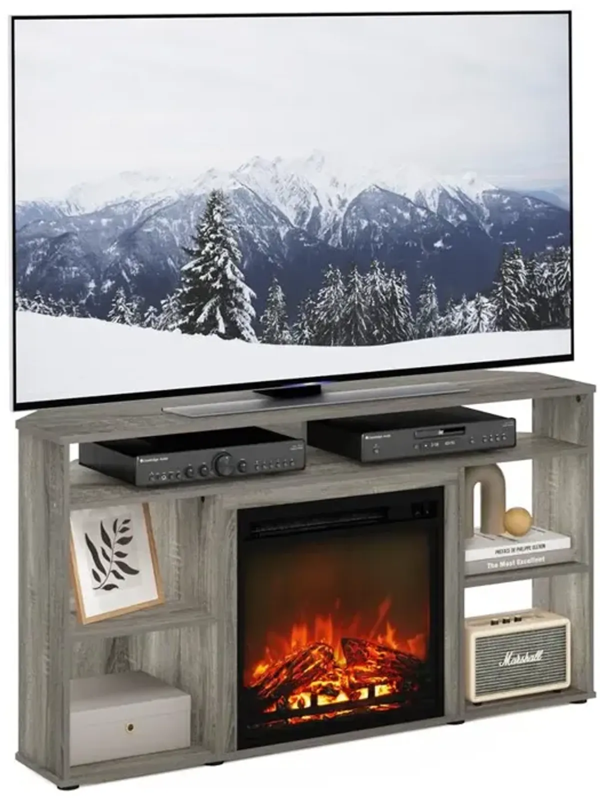 Furinno Jensen Corner TV Stand with Fireplace for TV up to 55 Inches, French Oak Grey