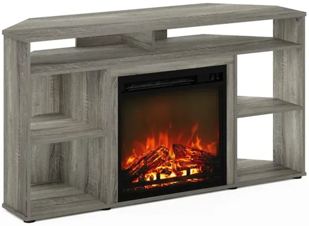 Furinno Jensen Corner TV Stand with Fireplace for TV up to 55 Inches, French Oak Grey