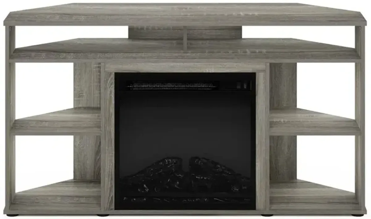 Furinno Jensen Corner TV Stand with Fireplace for TV up to 55 Inches, French Oak Grey