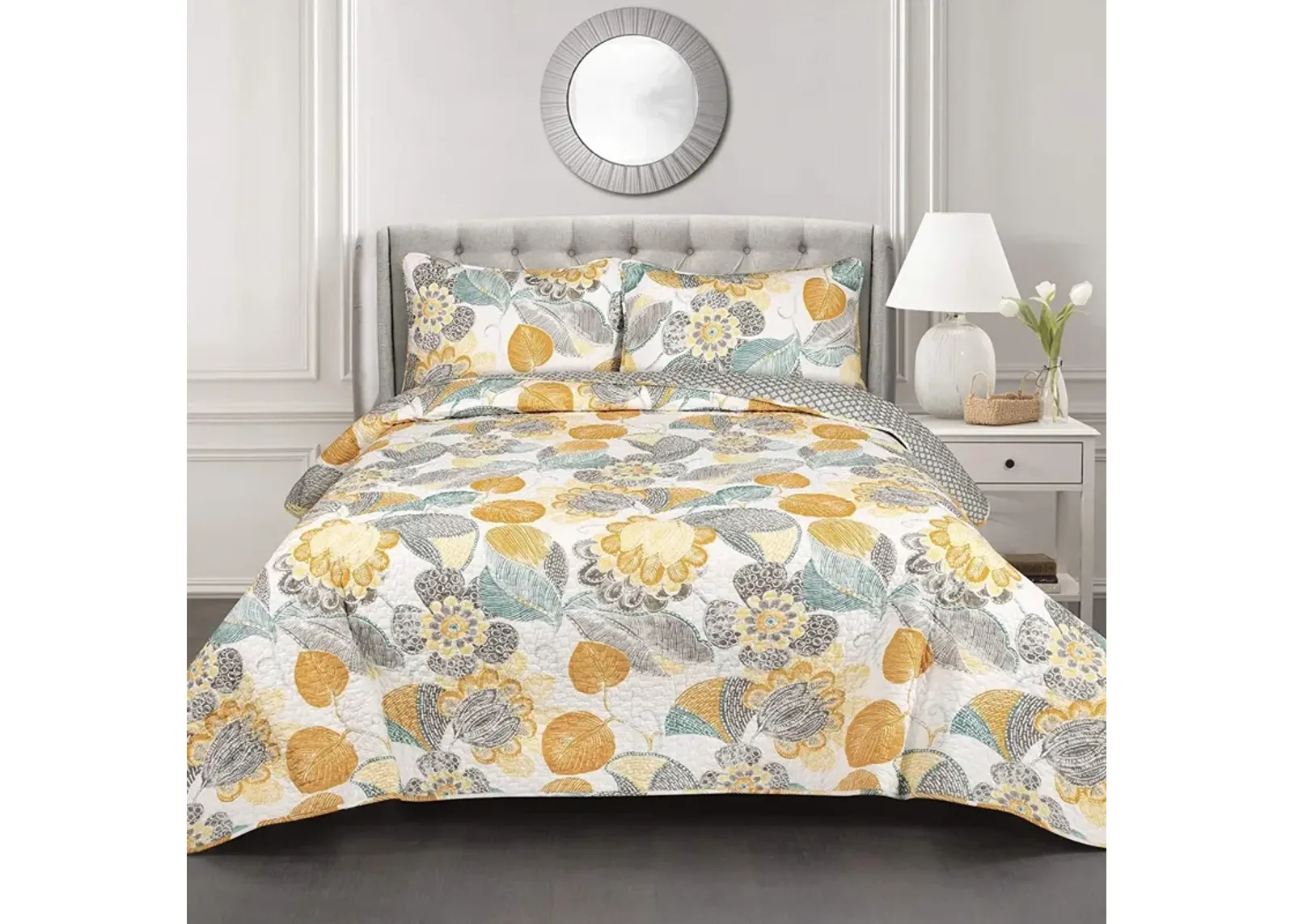 QuikFurn 3 Piece Reversible Yellow Grey Floral Cotton Quilt Set in King Size