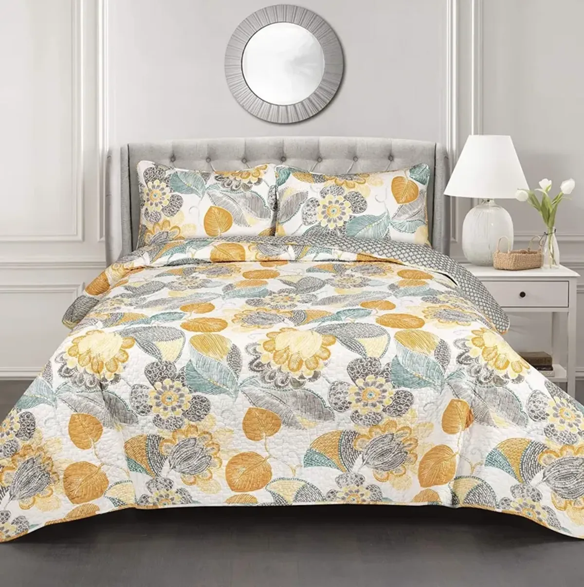 QuikFurn 3 Piece Reversible Yellow Grey Floral Cotton Quilt Set in King Size