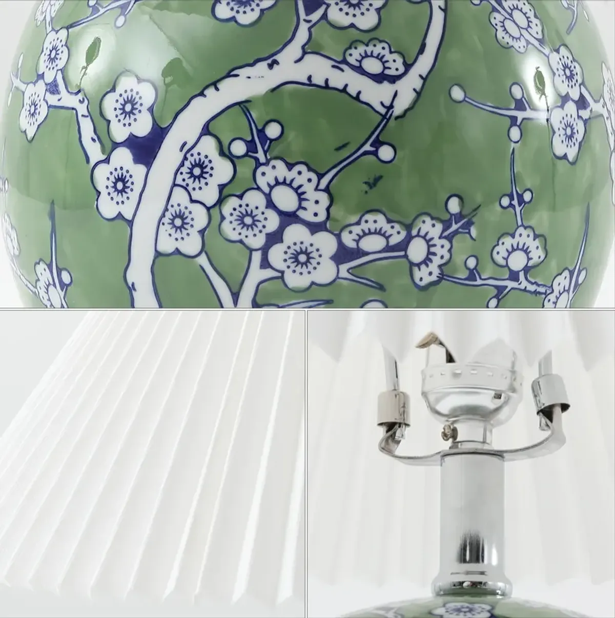 Shishen Cottage Classic Chinoiserie Ceramic Orb LED Table Lamp with Pleated Shade