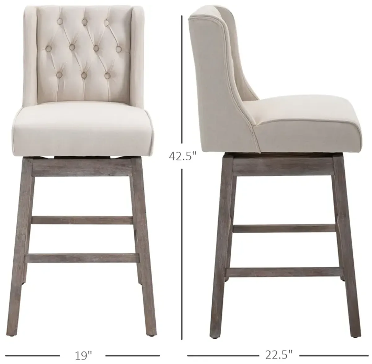 Beige Bar Duo: 2 Swivel Stools with Footrest, 180° Rotation